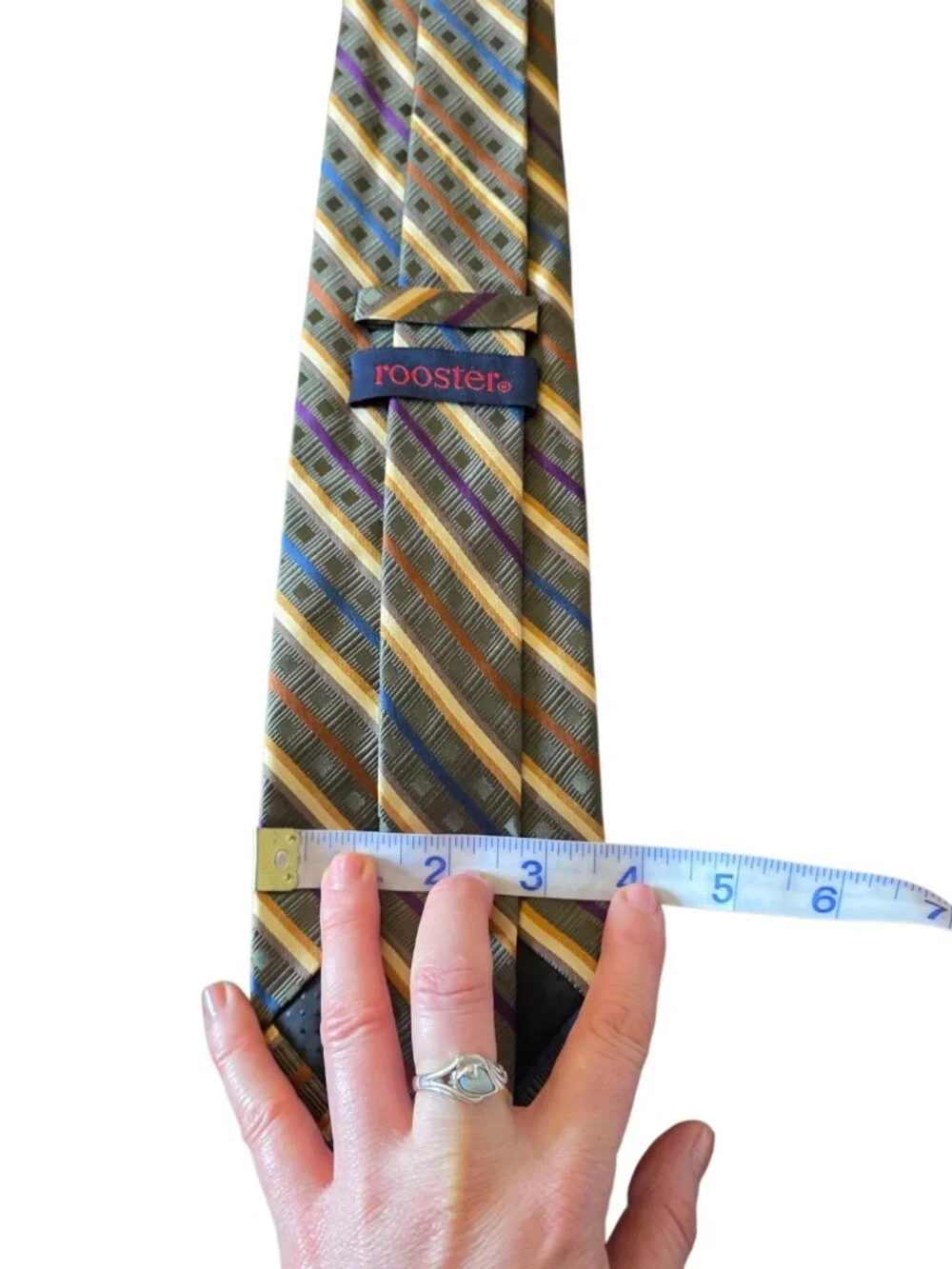 Rooster 100% Silk Tie Green Blue Purple Gold Geometric Striped Necktie 3.5”